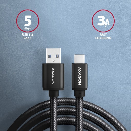 Kabel USB-C - USB-A 3A ALU oplot czarny 1.5m