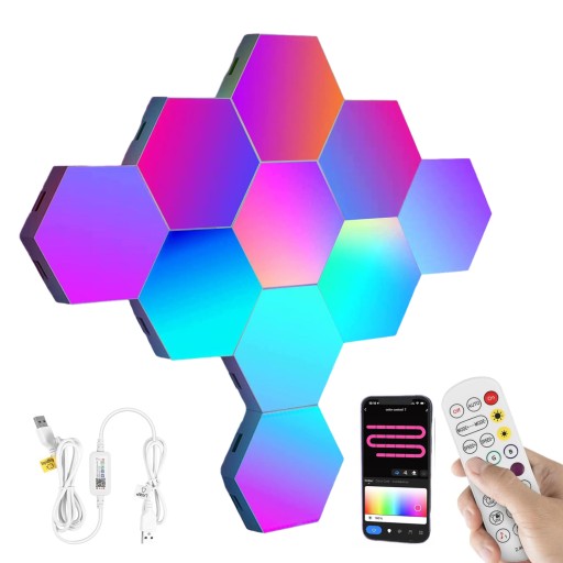 10 ШЕСТИГРАННЫХ СОТОВЫХ ЛАМП RGB ДИСТАНЦИОННОГО УПРАВЛЕНИЯ ПРИЛОЖЕНИЕМ USB
