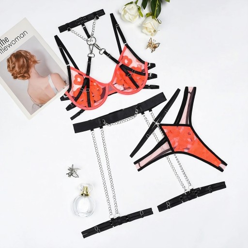 Sexy Komplet Bielizna Erotyczna Pomarańczowa Damska Luksusowa Stringi sex L