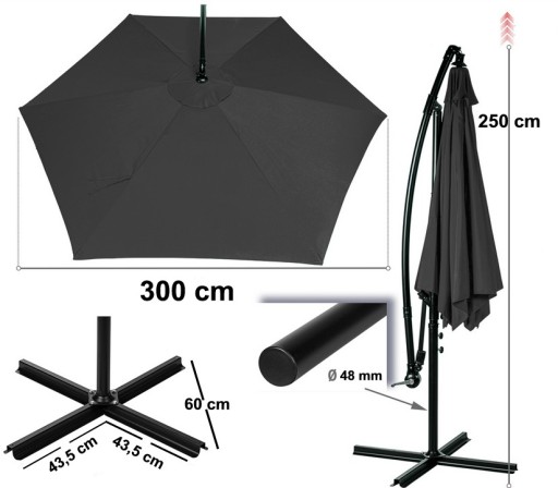 PARASOL OGRODOWY BOCZNY NA WYSIĘGNIKU DUŻY WISZĄCY SKŁADANY NA KORBKĘ 300cm