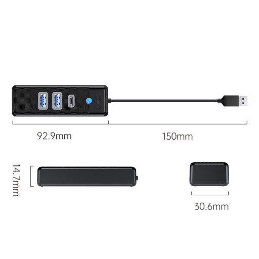 Orico Hub черный USB-A — 2x USB 3.1 + 1x USB-C, встроенный кабель 15 см
