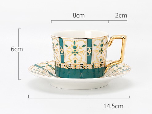 Filiżanka porcelanowa ceramiczna ze spodkiem i łyżeczką 220ml zielone paski