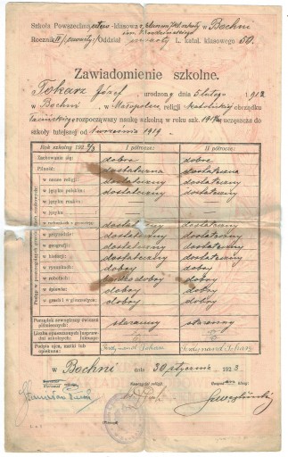 Zawiadomienie świadectwo szkolne, Bochnia 1923