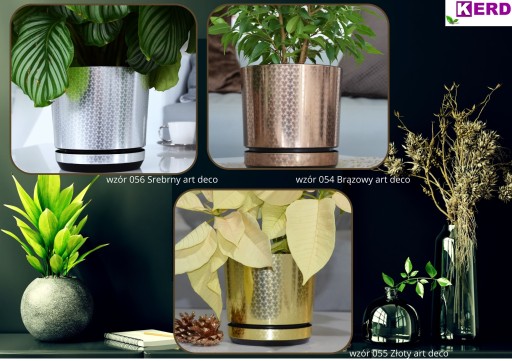 16 cm Doniczka z podstawką SREBRNY ART DECO piękny wzór z połyskiem glamour