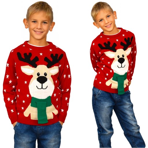 DZIECIĘCY SWETER Z RENIFEREM Z SZALIKIEM CZERWONY ŚWIĄTECZNE SWETERKI 6/7