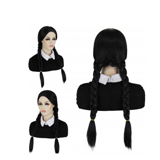 PERUKA DŁUGIE CZARNE PROSTE WŁOSY WARKOCZE PARTY COSPLAY WEDNESDAY ADDAMS