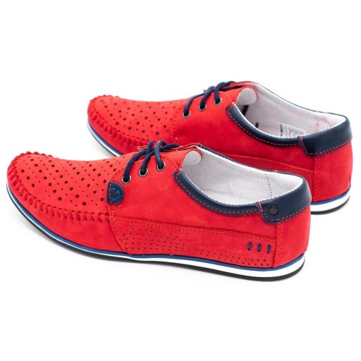 Buty męskie skórzane mokasyny sznurowane na lato ażurowe 875L czerwone 42