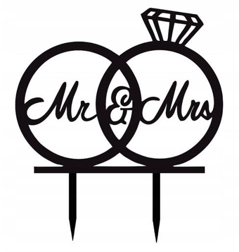Топпер для свадебного торта Mr & Mrs обручальные кольца разные цвета