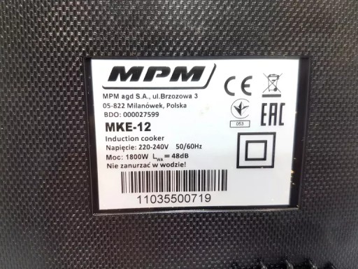 KUCHENKA INDUKCYJNA JEDNOPALNIKOWA MPM MKE-12