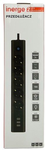 УДЛИНИТЕЛЬ ПИТАНИЯ 5 РОЗЕТОК 3 м 4x USB-ЗАРЯДНОЕ УСТРОЙСТВО 3x1,5 ММ² СВЕТОДИОД