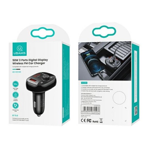 Автомобильный комплект громкой связи Usams C25 50 Вт с FM-передатчиком, Bluetooth, MP