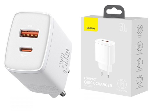 ЗАРЯДНОЕ УСТРОЙСТВО BASEUS FAST USB/USB-C 20 Вт, 3 А, УНИВЕРСАЛЬНОЕ СЕТЕВОЕ ЗАРЯДНОЕ УСТРОЙСТВО ДЛЯ ТЕЛЕФОНА