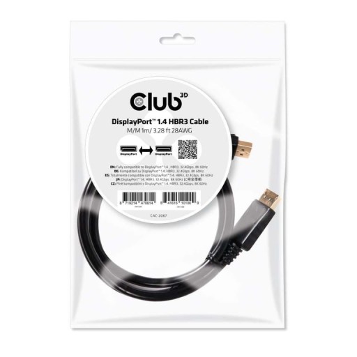 Кабель CLUB3D DisplayPort 1.4 HBR3, 1 м/3,28 фута, штекер/штекер, 8K60 Гц