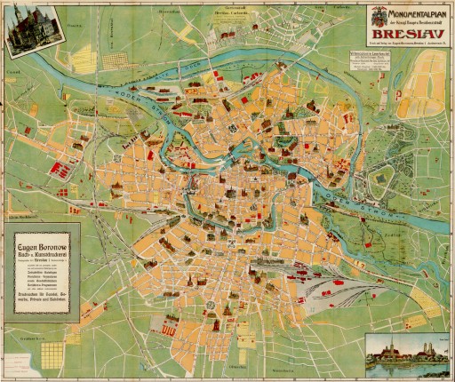 Старый план Вроцлава Памятник План Бреслау 1910 г. 50x40 см