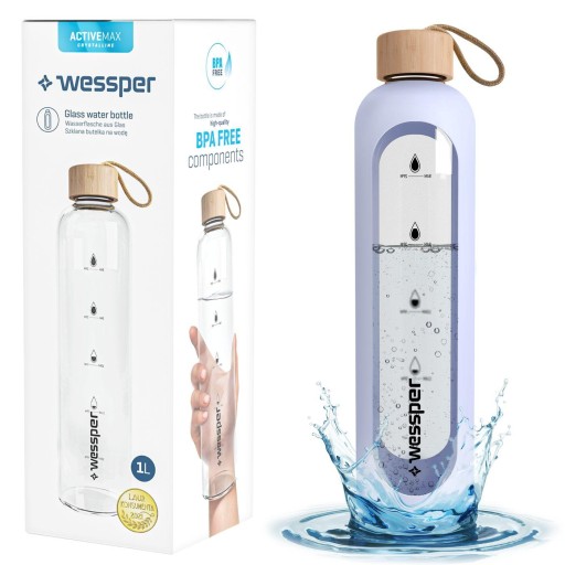 Wessper Activemax Мотивационная стеклянная бутылка 1000 мл + футляр цвета лаванды