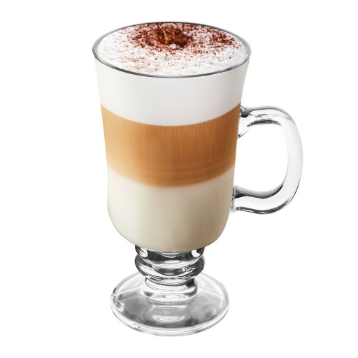 SZKLANKI DO KAWY na nóżce 6 sztuk KUBKI Z UCHEM ze złotymi łyżeczkami 240ml