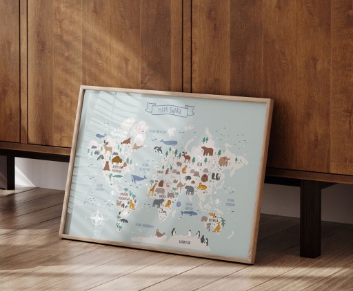 Plakat 40x50 cm Mapa Świata Zwierzęta Błękit Niebieska Mapa dla dzieci