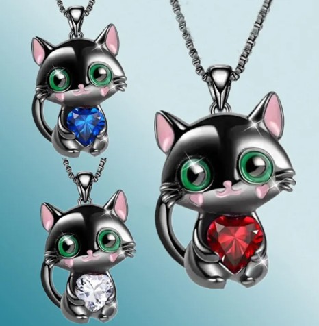 Детское колье Kitty Cat, стразы, красивая цепочка в виде красного сердца