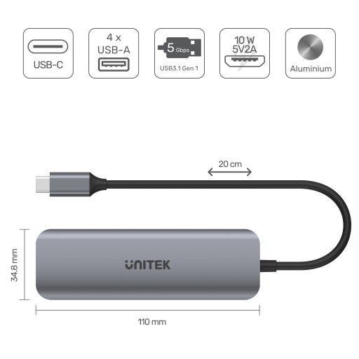 Концентратор Unitek Active с USB-C на 4 порта USB 3.1 Gen 1, microUSB, 5 Гбит/с, BC 1.2