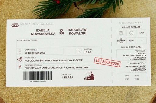 Zaproszenia na ślub wesele BILET KOLEJOWY