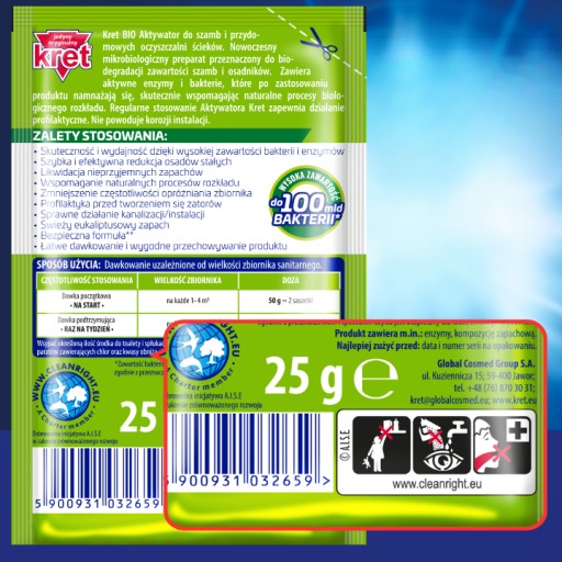 Kret BIO Aktywator Bakterie do Szamba i Oczyszczalni 25g 100mld Bakterii