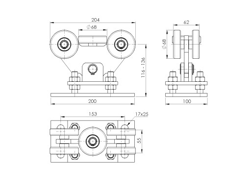 Тележка для 5 роликовых ворот 80x8 оцинкованная сталь