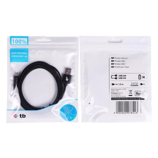 Кабель USB-USB C 1,5 м, черная веревка