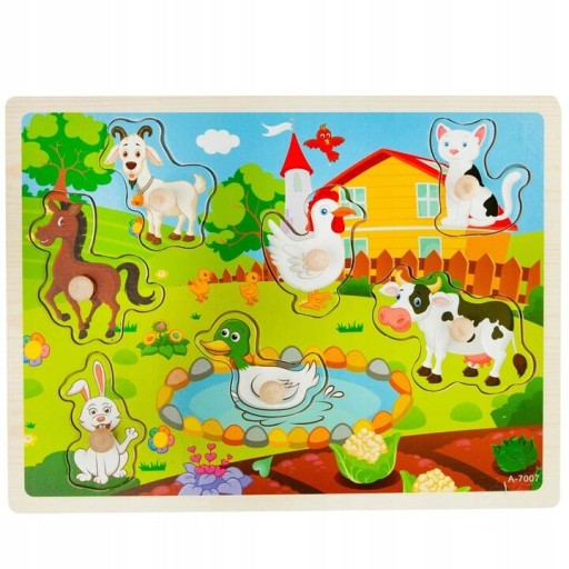 KLOCKI EDUKACYJNE PUZZLE DREWNIANE FARMA KROWA KOT ZOO UKŁADANKA DLA DZIECI