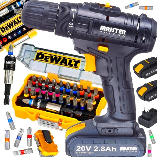 АККУМУЛЯТОРНАЯ Дрель-шуруповёрт 20 В 2x2,8 Ач, БИТЫ DEWALT, 32 ПРЕДМЕТА В КОРОБКЕ, 32 ПРЕДМЕТА