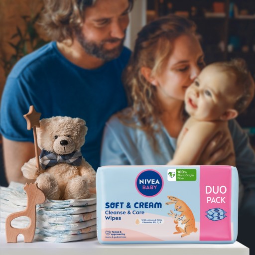 NIVEA BABY SOFT & CREAM Chusteczki nawilżane mokre dla dzieci 2 x 57 szt.