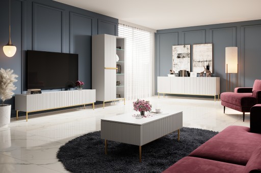 Biała witryna do salonu kredens komoda szafka glamour ryflowana złote nóżki