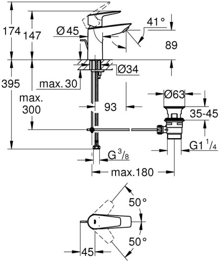 РАКОВИНА GROHE START EDGE FATTER, СТОЙКА ХРОМ