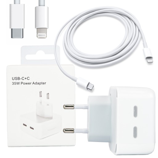 БЫСТРОЕ ЗАРЯДНОЕ УСТРОЙСТВО 2x USB-C + КАБЕЛЬ LIGHTNING USB-C
