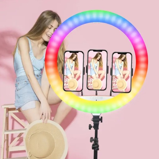 Большая светодиодная кольцевая лампа 56 см, 3 цвета белого + цветная RGB + пульт дистанционного управления + штатив