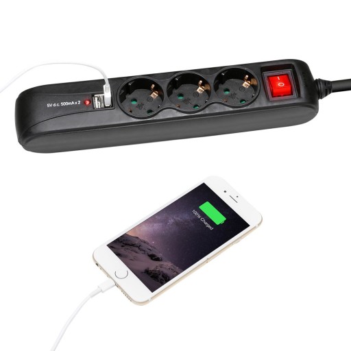 ADAM HALL 8747 S 3 USB 3-gniazdkowa listwa zasilająca i 2 gniazda USB