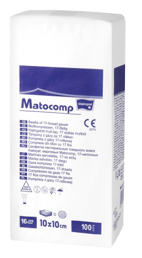 GAZIKI Kompresy z gazy niejałowe MATOCOMP 100 szt. 17N 16w 10x10cm