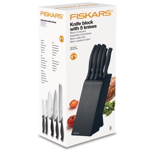 НАБОР ИЗ 5 НОЖЕЙ FISKARS КУХОННЫЕ НОЖИ В БЛКЕ ТОЧИЛКА ЧИЛИЗЕР
