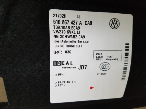 VW GOLF SPORTSVAN Обивка багажника левая сторона 510867427A CA9