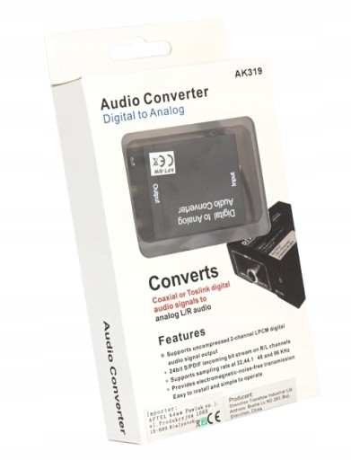 КОАКСИАЛЬНО-ОПТИЧЕСКИЙ КОНВЕРТЕР TOSLINK SPDIF НА 2 разъема CINCH RCA ИЛИ 3,5 мм JACK