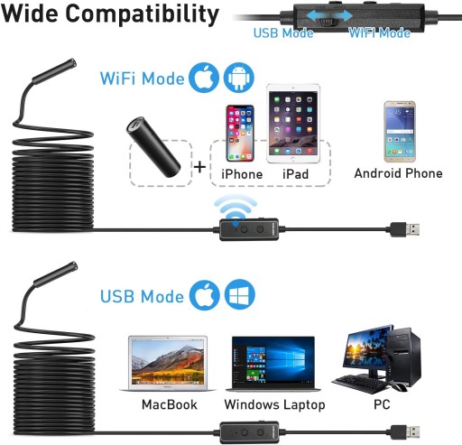 F160 Эндоскоп 2 в 1 с Wi-Fi/USB, фокальный бороскоп