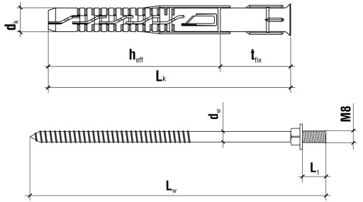 Kołek rozporowy do rur spustowych 12x 300 mm 1szt dwugwintowy M8 Klimas KPD