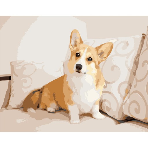 MALOWANIE PO NUMERACH obraz na prezent, Piesek Corgi na sofie 40x50