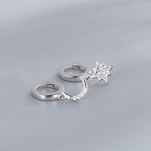 Серебряные круглые серьги-гвоздики, цирконий 925, звезда, луна
