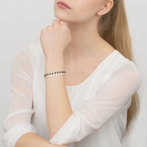 Серебряный женский браслет PR. 925 Черные бусины и звезды + коробка