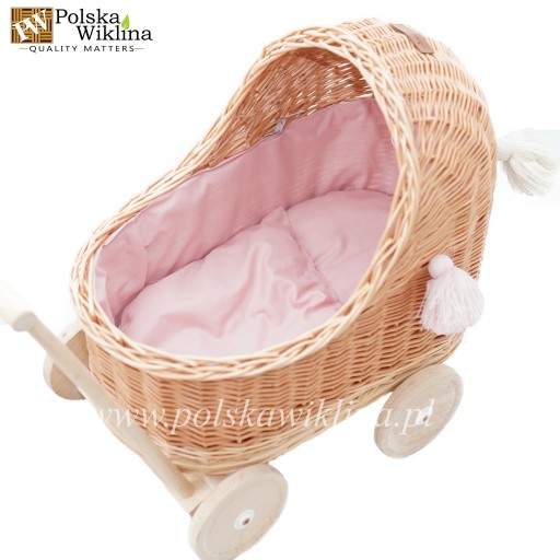 Wózek wiklinowy niski natural obszyty róż+chwosty