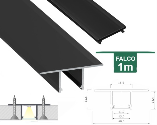 СВЕТОДИОДНЫЙ ПРОФИЛЬ ГК ДЛЯ ГИПСОВЫХ КАРТОНОВ ТИПА FALCO ЧЕРНЫЙ 1М + ЧЕРНЫЙ Рассеиватель