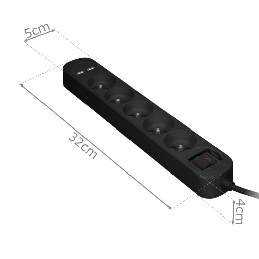 УДЛИНИТЕЛЬ 1,5 м / 5 РАЗЪЕМОВ + 2x USB + ВЫКЛ.