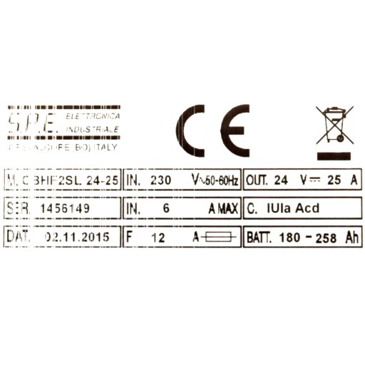 ЗАРЯДНОЕ УСТРОЙСТВО ДЛЯ АККУМУЛЯТОРА S.P.E CBHF2SL 24V 25A