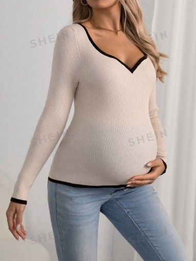 SHEIN MATERNITY SWETER BEŻOWY PRĄŻKOWANY DOPASOANY L 326