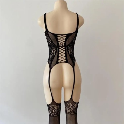 CZARNE BODYSTOCKING BODY pończochy SEXI kabaretka na ramiączkach eleganckie